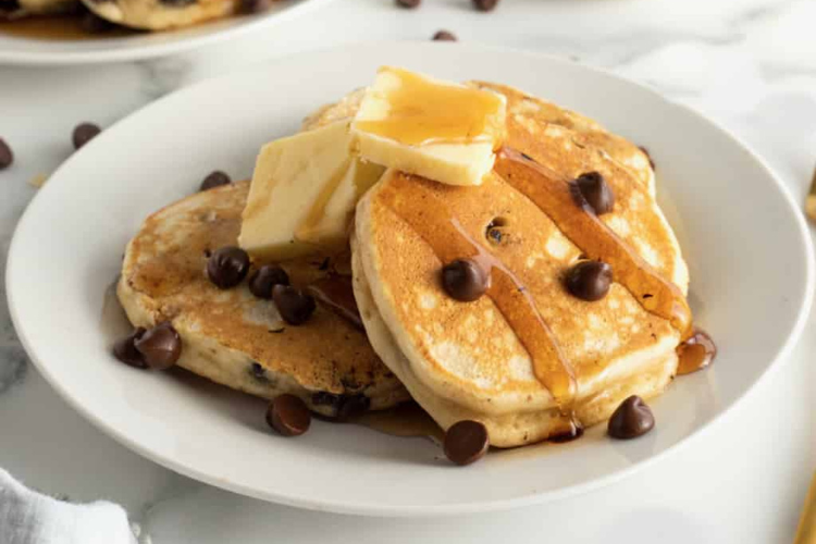 A finished stack of chocolate chip pancakes